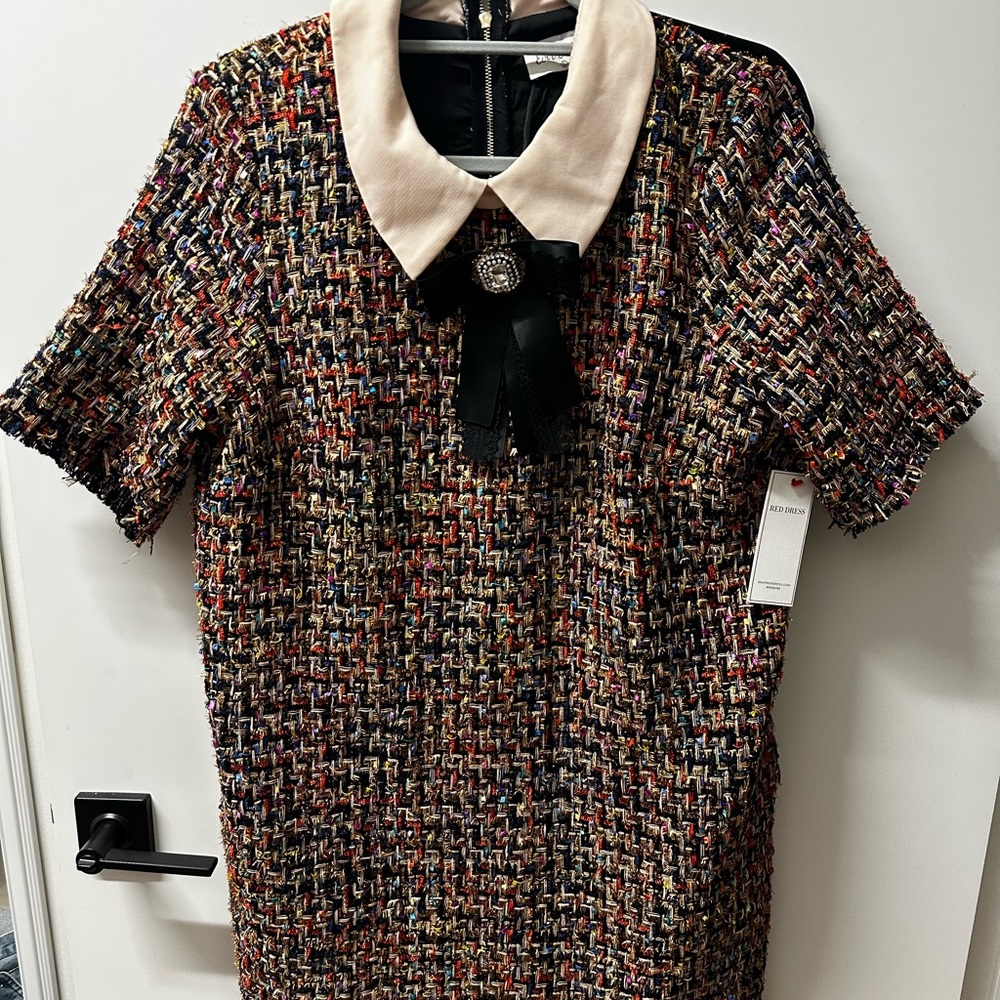 Red Dress Boutique Tweed Collared Dress With Removable Rhinestone Bow